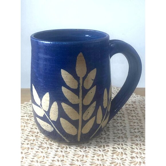 Handcrafted Blue Ceramic Mug With Gold Leaf Design By Contact Bridge 16 Oz - Picture 1 of 6
